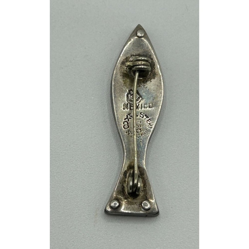 Taxco Mexico 925 Sterling Silver Copper Onyx Inlay Modernist Fish Brooch Pin - Picture 2 of 5